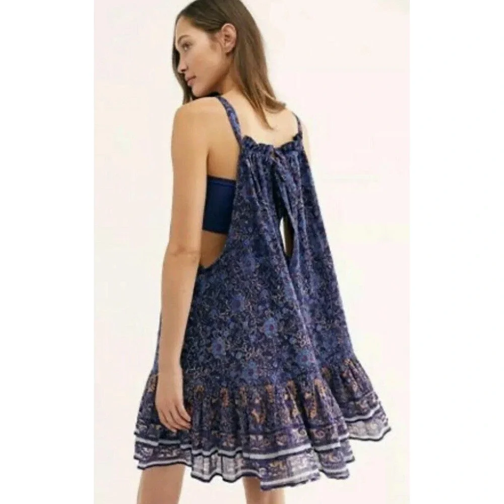 Free People Women's Lyla‎ Sleeveless Navy Printed Halter Mini Dress Size XS - Picture 2 of 8